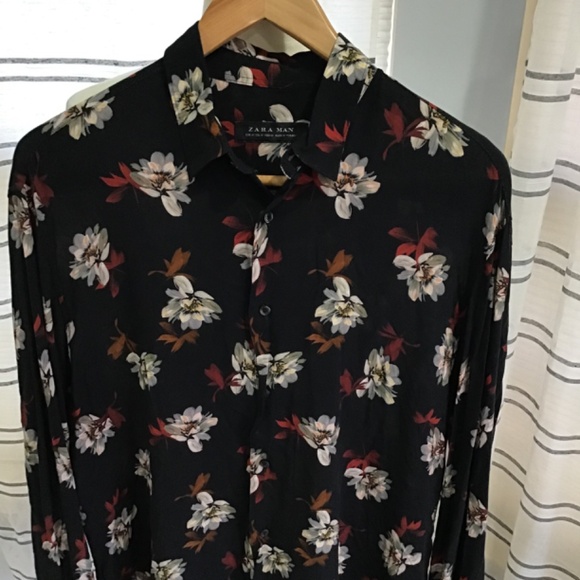 Zara Men Size Med Black Button Up Collard Dress Shirt Floral Hawaii Lightweight - Picture 2 of 10